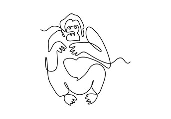 One continuous single line of sitting orangutan for international orangutan day isolated on white background. © ngupakarti