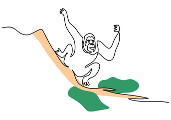 One continuous single line of happy orangutan for international orangutan day isolated on white background. © ngupakarti