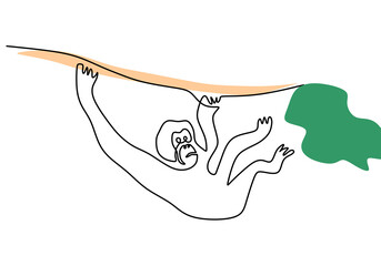 One continuous single line of hanging orangutan for international orangutan day isolated on white background. © ngupakarti