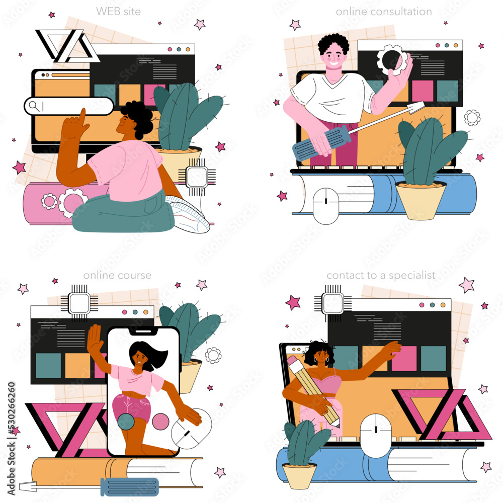 Poster website programming online service or platform set. content management