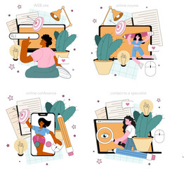 Copywriter online service or platform set. Writing texts and articles