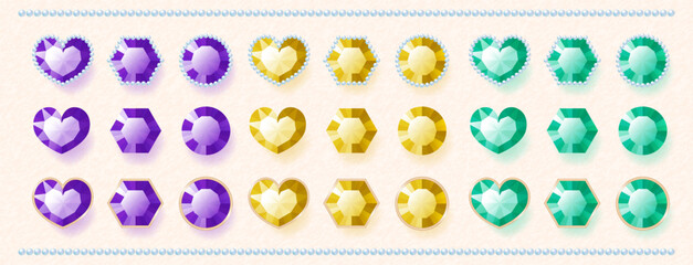 宝石のイラストセット（紫・黄色・緑）
