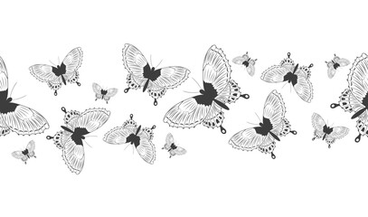 Seamless border banner with abstract black silhouette of cute flying butterflies isolated on white background for decorative tape