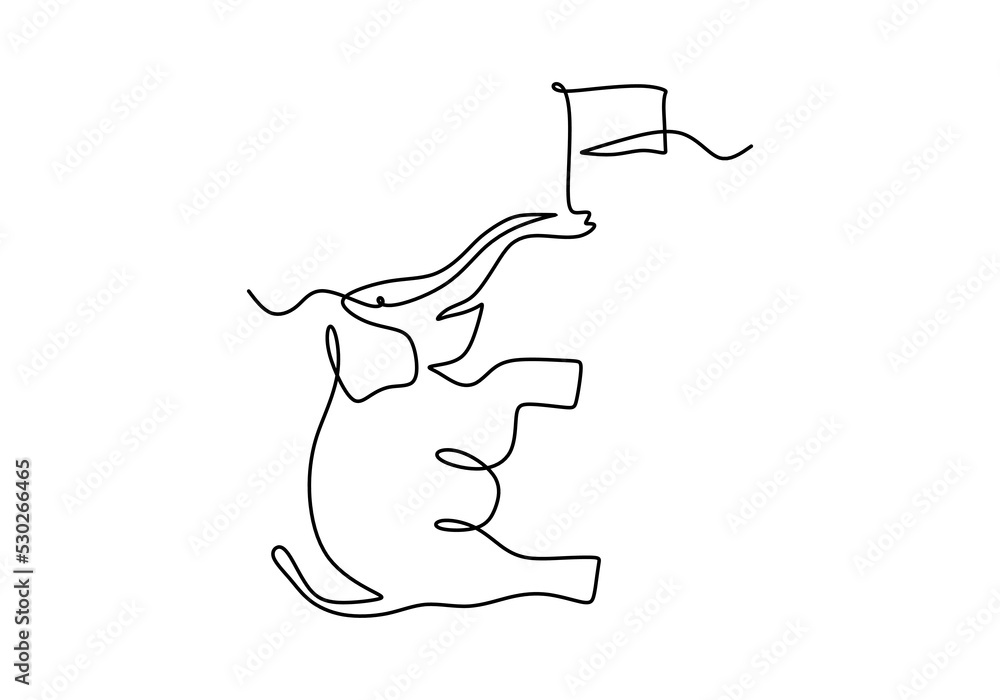 Poster one continuous single line of elephant bring flag for world elephant day isolated on white backgroun