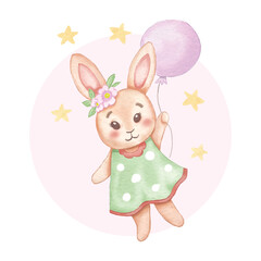 Watercolor illustration cute bunny flying with balloon. Vector