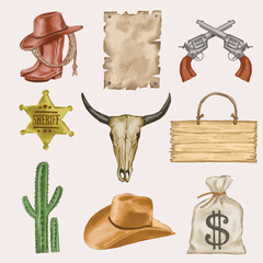 Watercolor hand drawn illustration set of cowboy boots, sheriff badge, gun, sign, money sack, hat, bull skull and cactus.