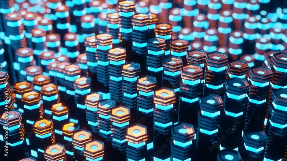 Aufkleber Hexagonal columns in neon glowing light background. 3D rendered loop video. Abstract blue and orange technologic seamless looped animation. Hyperrealistic dimensional geometrical patterned visual