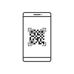 QR code scan on smartphone icon. Qrcode template for mobile app. Frame, tag, template QR code for payment on phone. Vector line illustration