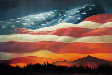 Remembrance day background of US flag above a landscape in sunset, digital illustration