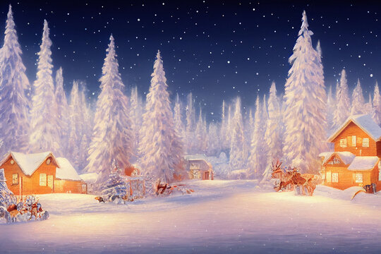 Snow covered little village in forest with stars in the sky, christmas background, digital illustration