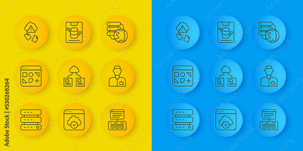Poster set line server, data, web hosting, different files, cloud technology data transfer, analyst enginee