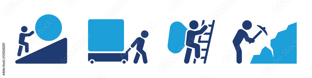 Wall mural Hard work icon set. Containing worker pushing heavy ball, pull object, carry bag and mining icons. Workman vector illustration.