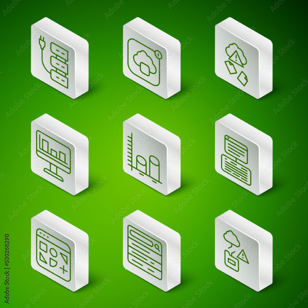 Poster set line cloud technology data transfer, search engine, server, data analysis, monitor with graph ch