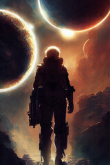 Man standing and looking at epic planets in a futuristic world, digital scifi illustration