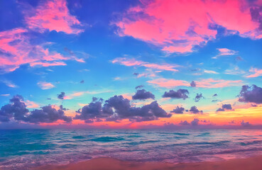 Naklejka na ściany i meble Sunset sea landscape. Colorful ocean beach sunrise. Colorful nature sea sky