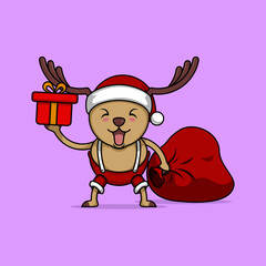 Cute Happy Reindeer Holding Christmas Gift Bag Cartoon Vector Icon Illustration. Christmas and New Year Holiday Icon Concept Isolated Premium Vector. Flat Cartoon Style.