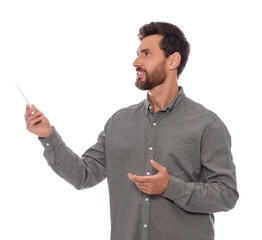 Handsome man gesturing on white background. Weather forecast reporter