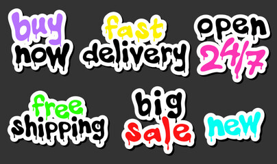 Set of sticker for online shop. Neon colors. Retro print. Icon of service open 24h hours a day and 7 days a week, fast delivery, big sale. Vector lettering illustration