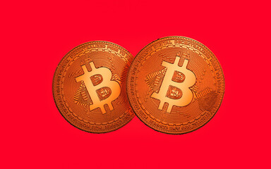 Double Bitcoin on the red background