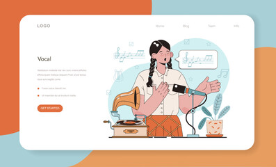 Music school or course web banner or landing page. Students learn
