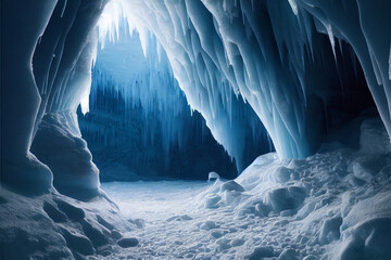 large cold blue ice cave , digital art