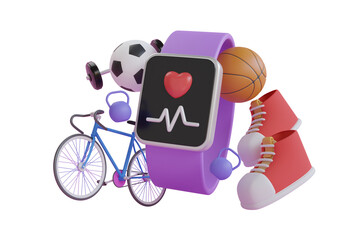 3d bicycle training from a smartwatch. ride program. purple smartwatch up with blue bicycle in the back. bicycle fitness apps. 3d rendering
