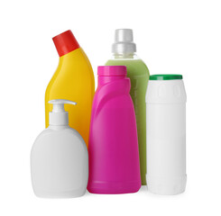 Set of different cleaning supplies on white background