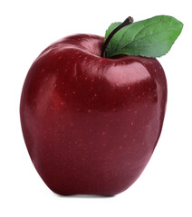 Fresh ripe red apple with green leaf isolated on white