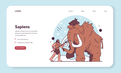 Caveman with primitive weapon hunting a big mammoth web banner