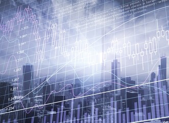 Double exposure of abstract financial diagram on office buildings background, banking concept