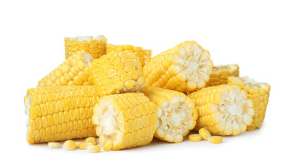 Pieces of fresh corncobs on white background