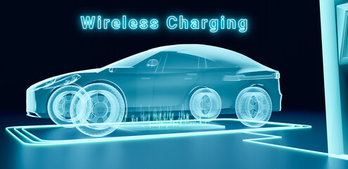 Smart autonomous electric vehicle recharging at wireless charger station pad, full self-driving city car charging battery on inductive charging pad parking, futuristic EV technology 3d rendering