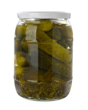 Jar of tasty pickled cucumbers isolated on white