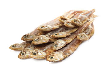 Delicious dried salted anchovies on white background