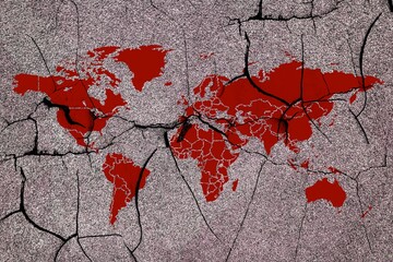 Silhouette of a world map on a cracked wall. War, the destruction of relations, the split of the world. Stop the war. International conflicts.