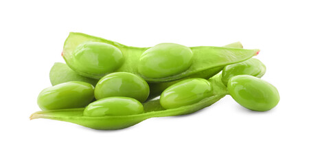 Fresh green edamame pods and beans on white background