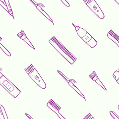 Set of hairdressing elements, seamless pattern of doodle icons for hair care. Vector illustration background wallpaper.