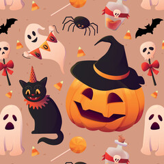 Seamless pattern for halloween. Pumpkin, cat and ghosts. Vector image.
