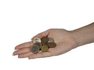 Fototapeta na wymiar a few euro coins in the female hand on an isolated background