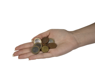 a few euro coins in the female hand on an isolated background