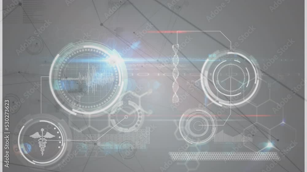 Poster Animation of network of connections with light spots over data processing on white background