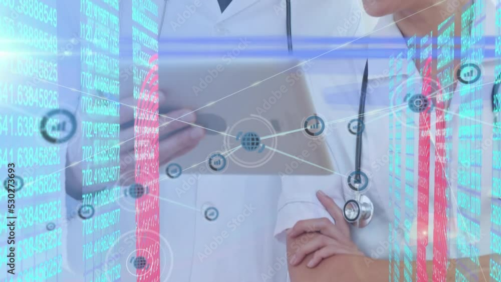 Aufkleber animation of network of connections with icons and data processing over diverse doctors