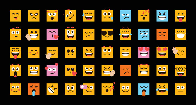 Cute Emoticons In Form Of Square Faces Vector Set For Social Media Post And Reaction. Funny Emoji With Facial Expressions. Vector Illustration