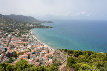 Aerial view of the majestic city of Cefalu in Sicily, southern Italy.