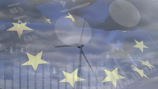 Animation of flag of eu and data processing over wind turbine - Powered by Adobe