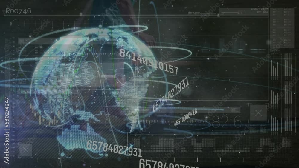 Aufkleber animation of globe with data processing over diverse football players at stadium