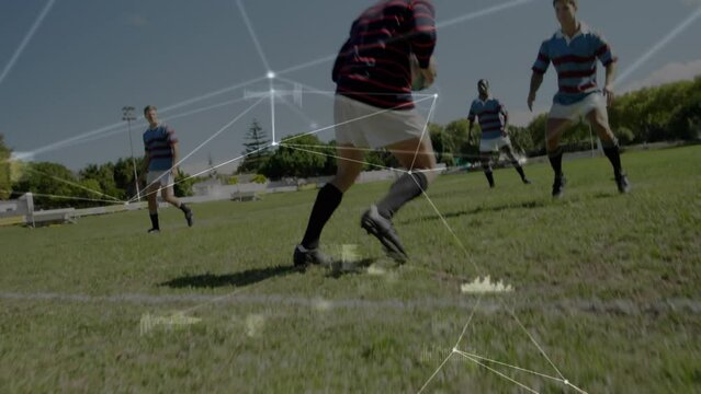 Animation of network of connections with data processing over diverse rugby players
