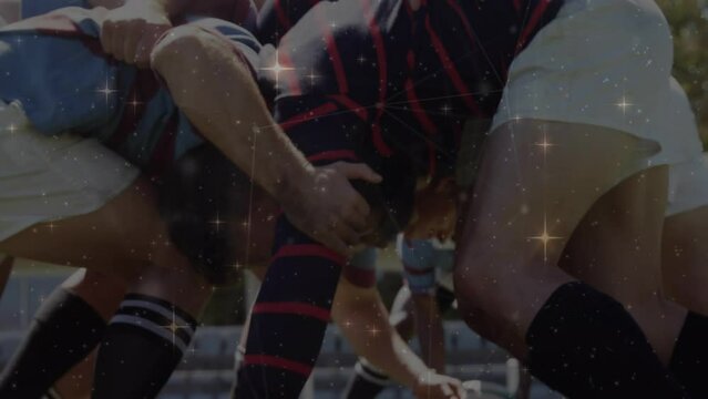 Animation of network of connections with stars over diverse rugby players at stadium