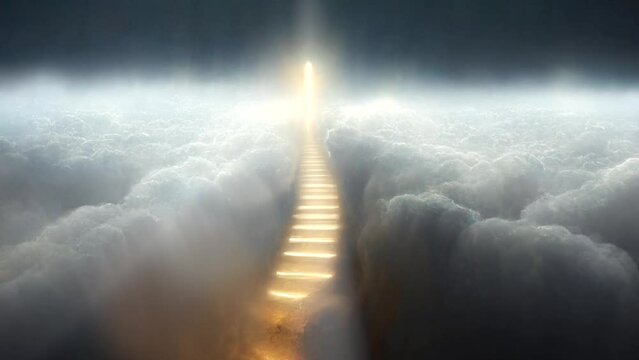 Steps to Heaven, a golden staircase in the clouds leads to the gates of Heaven