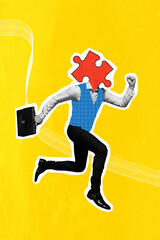 Vertical collage illustration of running person puzzle piece instead head hold briefcase isolated...